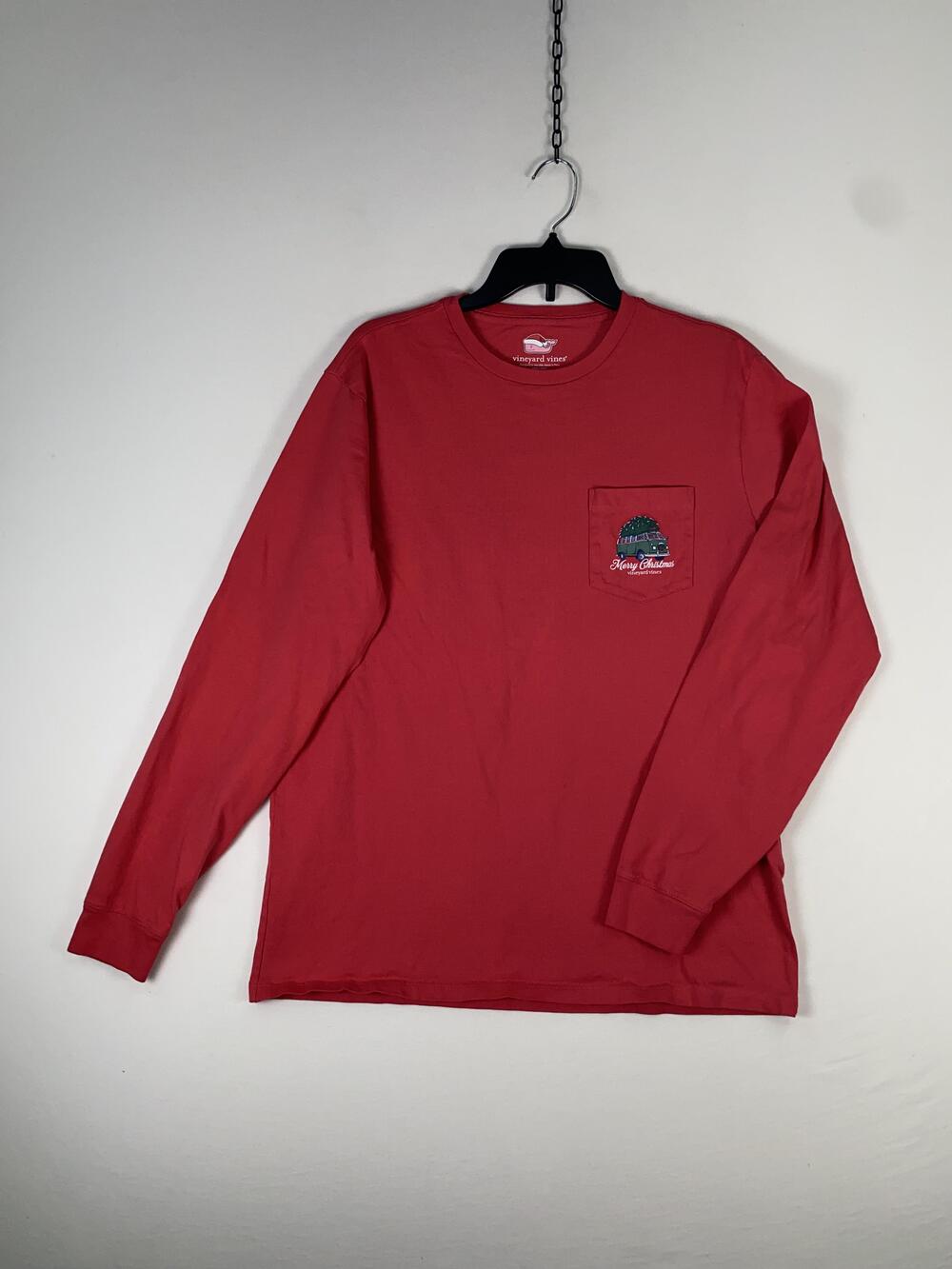 Vineyard Vines Shirt Mens Medium Red Merry Christmas Bus Graphic Long Sleeve Tee